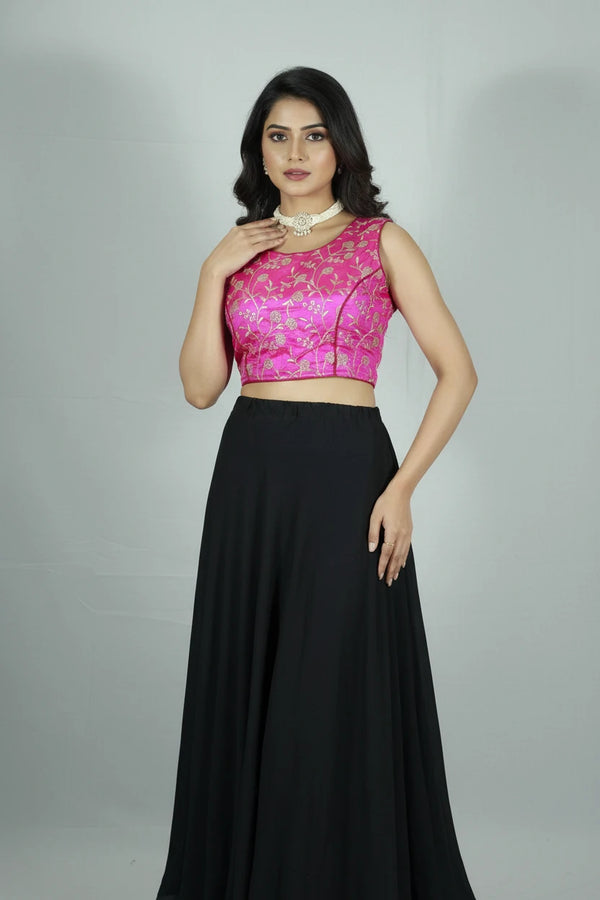 Magenta Ready to Wear Designer Padded Blouse with Golden Floral Embroidery, Sleeveless, Back Knot - Magenta
