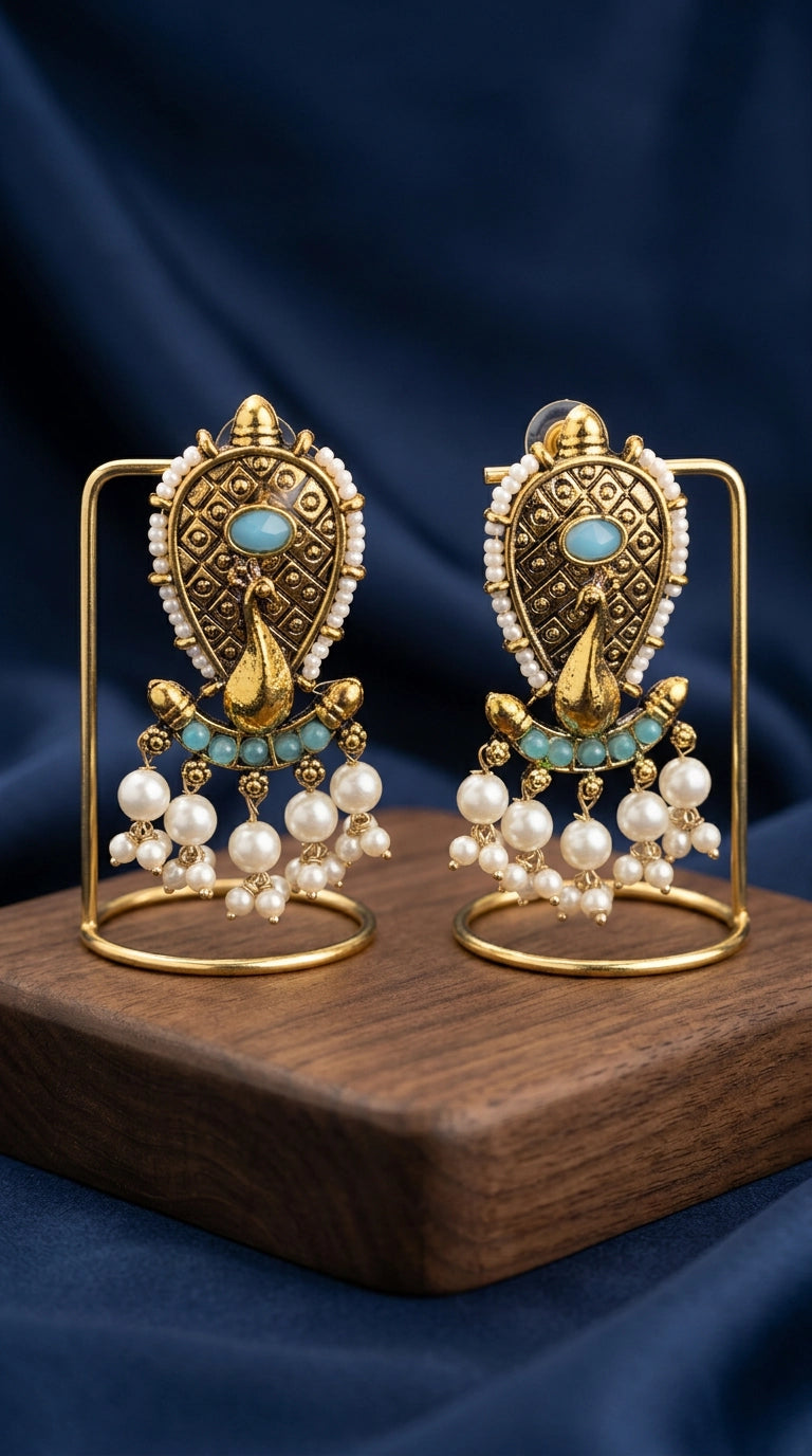 Sea Blue Oval Stone Antique Gold-Tone Jhumka Earrings with Pearl Drops, Traditional Ethnic Party Wear - Sea Blue