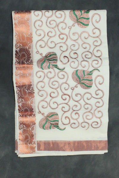 Pure Kerala Cotton White Saree with Copper Zari Peacock Pallu - White