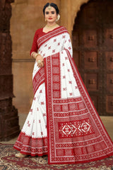 Red Velvet Pure Cotton Printed Saree with Contrast Border for Traditional Wear (Blouse Not Included) - White