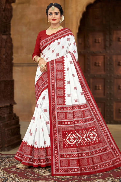 Red Velvet Pure Cotton Printed Saree with Contrast Border for Traditional Wear (Blouse Not Included) - White