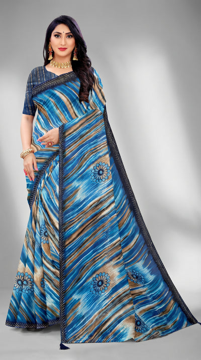 Sky Blue Jasmin Zomato Georgette Saree with Striped Pattern & Floral Motifs Border - Sky Blue