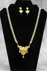 Traditional Gold-Tone Pearl Necklace Set with Floral Pendant & Drop Earrings - Gold