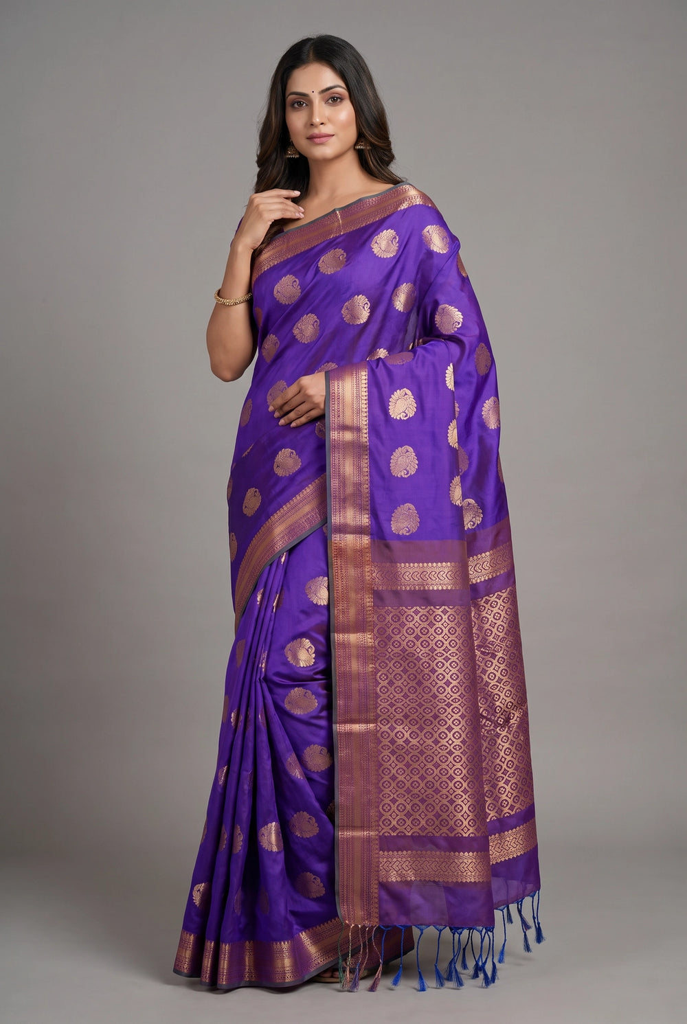Purple Semi Soft Silk Saree with Contrast Border, Delicate Gold Zari Buttas and Traditional Floral Zari Border - Purple