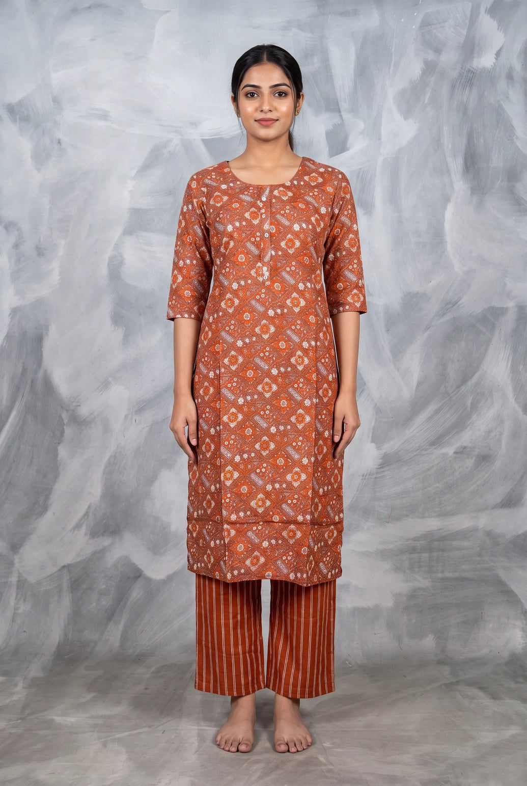 Rust Orange Rayon 2-Piece Kurti Set with Elastic Pant, Geometric-Floral Print, Round Neck and 3/4 Sleeves - Rust Orange