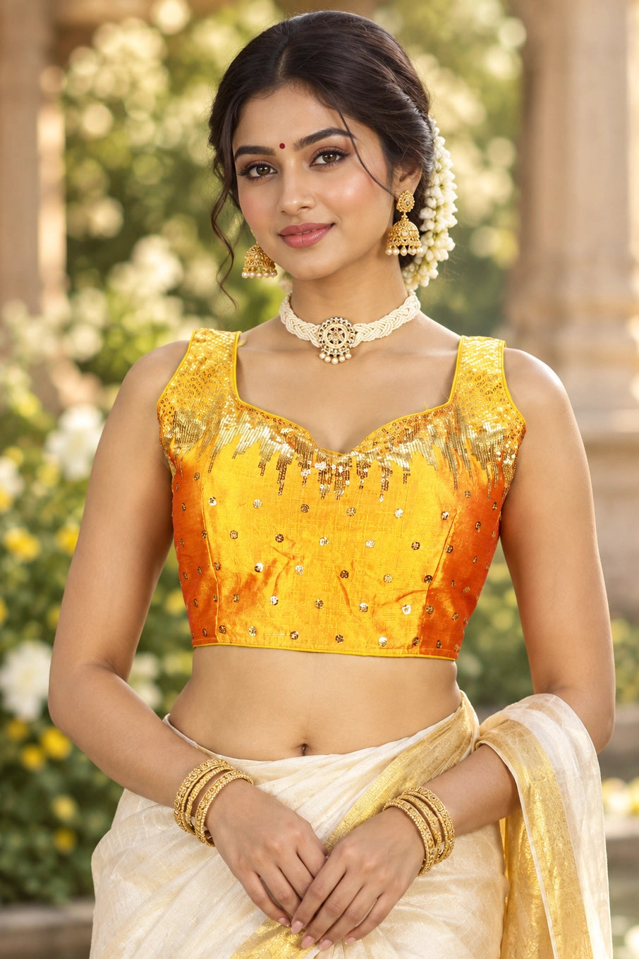 Yellow Designer Padded Blouse with Zari Scalloped Embroidery, Back Knot, Sleeveless, Fully Stitched - Yellow