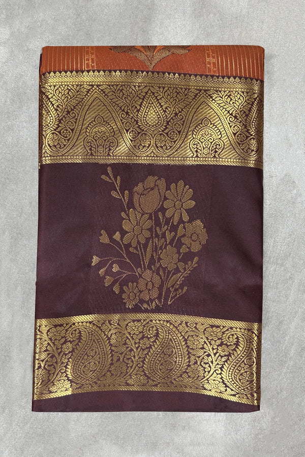 Brown Pure Silk Saree with Heavy Pallu and Border, Silk Mark, with Blouse - Brown