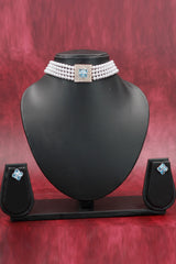Pearl Choker Necklace Set with Stone-Embellished Pendant and Matching Stud Earrings
