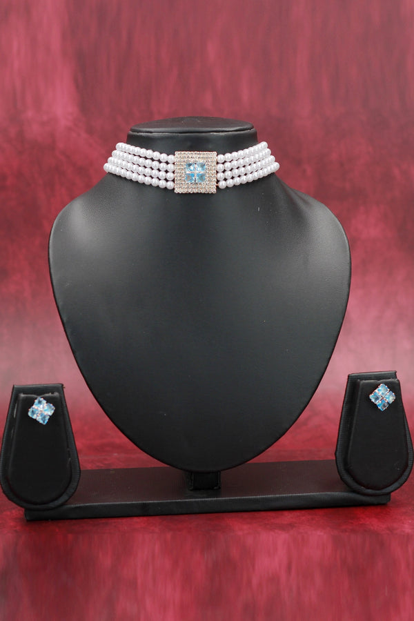 Pearl Choker Necklace Set with Stone-Embellished Pendant and Matching Stud Earrings