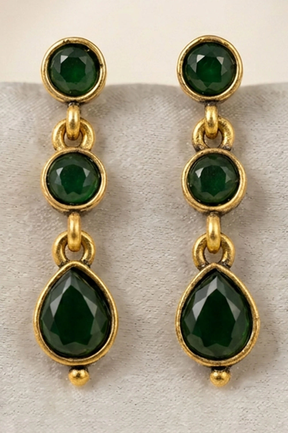 Green Oval Stone Gold-Tone Dangle Fashion Earrings for Women, 3-Layer Drop Design - Green