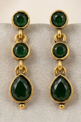 Green Oval Stone Gold-Tone Dangle Fashion Earrings for Women, 3-Layer Drop Design - Green