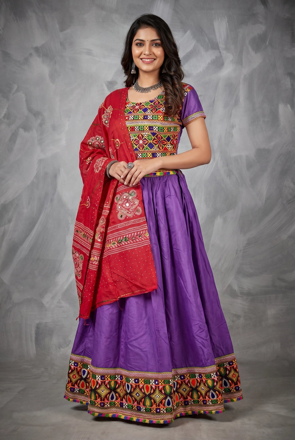 Purple Navratri Chaniya Choli Set with Kutchi Mirror Work Choli & Embroidered Border Flared Lehenga Skirt - Purple