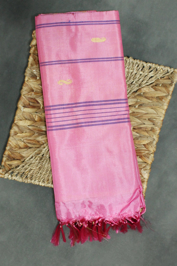 Banana Pith (Vaazhai Naar) Yellow & Pink Saree with Zari Border and Small Butta - Yellow & Pink