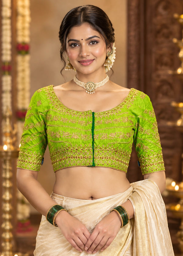 Pista Green Designer Padded U-Neck Blouse with Zari Floral Butta Work, Fully Stitched Elbow Sleeve - Pista Green