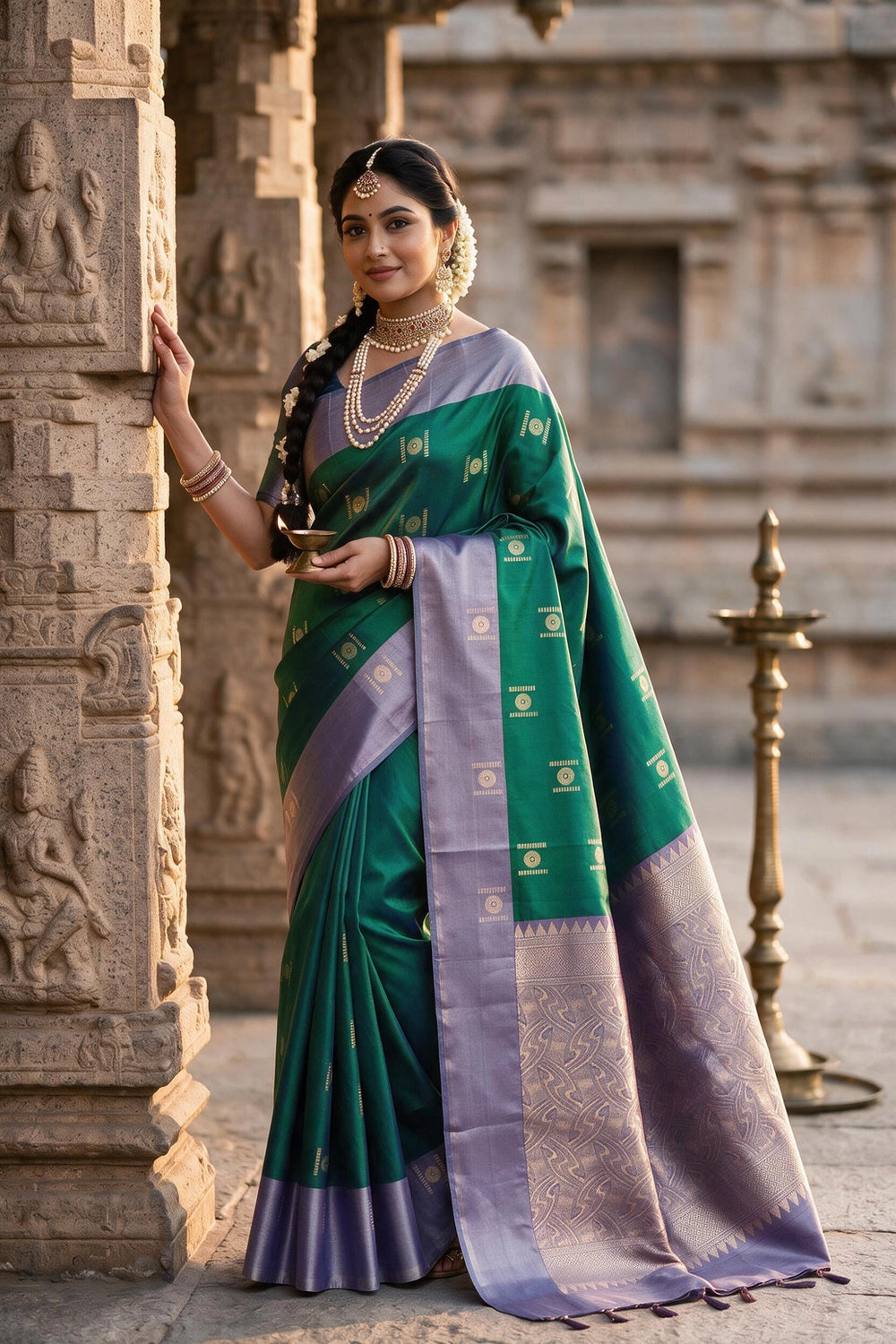 Lavender & Dark Green Soft Silk Saree with Contrast Border and Patterned Pallu - Lavender & Dark Green