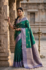 Lavender & Dark Green Soft Silk Saree with Contrast Border and Patterned Pallu - Lavender & Dark Green