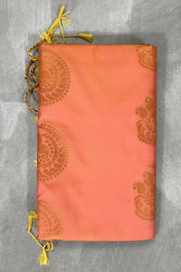 Peach Korvai Soft Silk Saree with Gold Zari Buttas and Traditional Floral Border with Blouse - Peach
