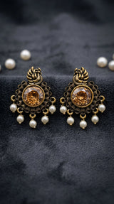 Gold-Tone Round Champagne Statement Earrings with Pearl Drops, Antique Finish for Traditional Festive Wear - Gold