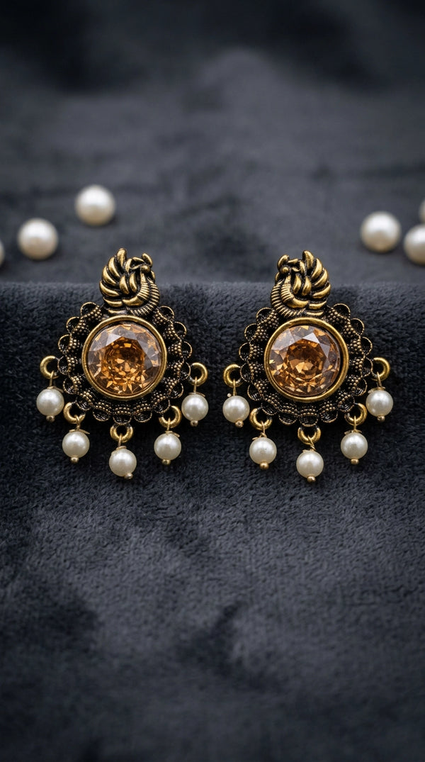 Gold-Tone Round Champagne Statement Earrings with Pearl Drops, Antique Finish for Traditional Festive Wear - Gold