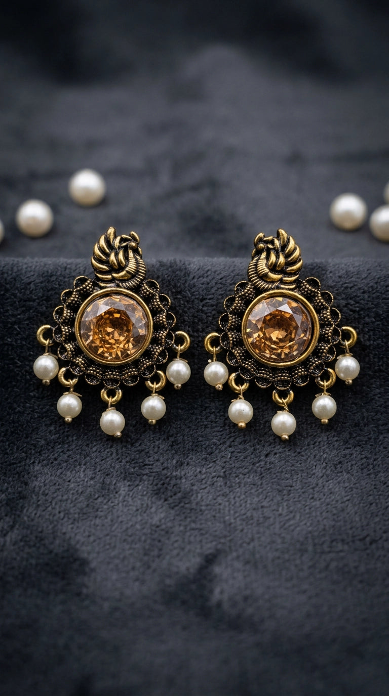 Gold-Tone Round Champagne Statement Earrings with Pearl Drops, Antique Finish for Traditional Festive Wear - Gold