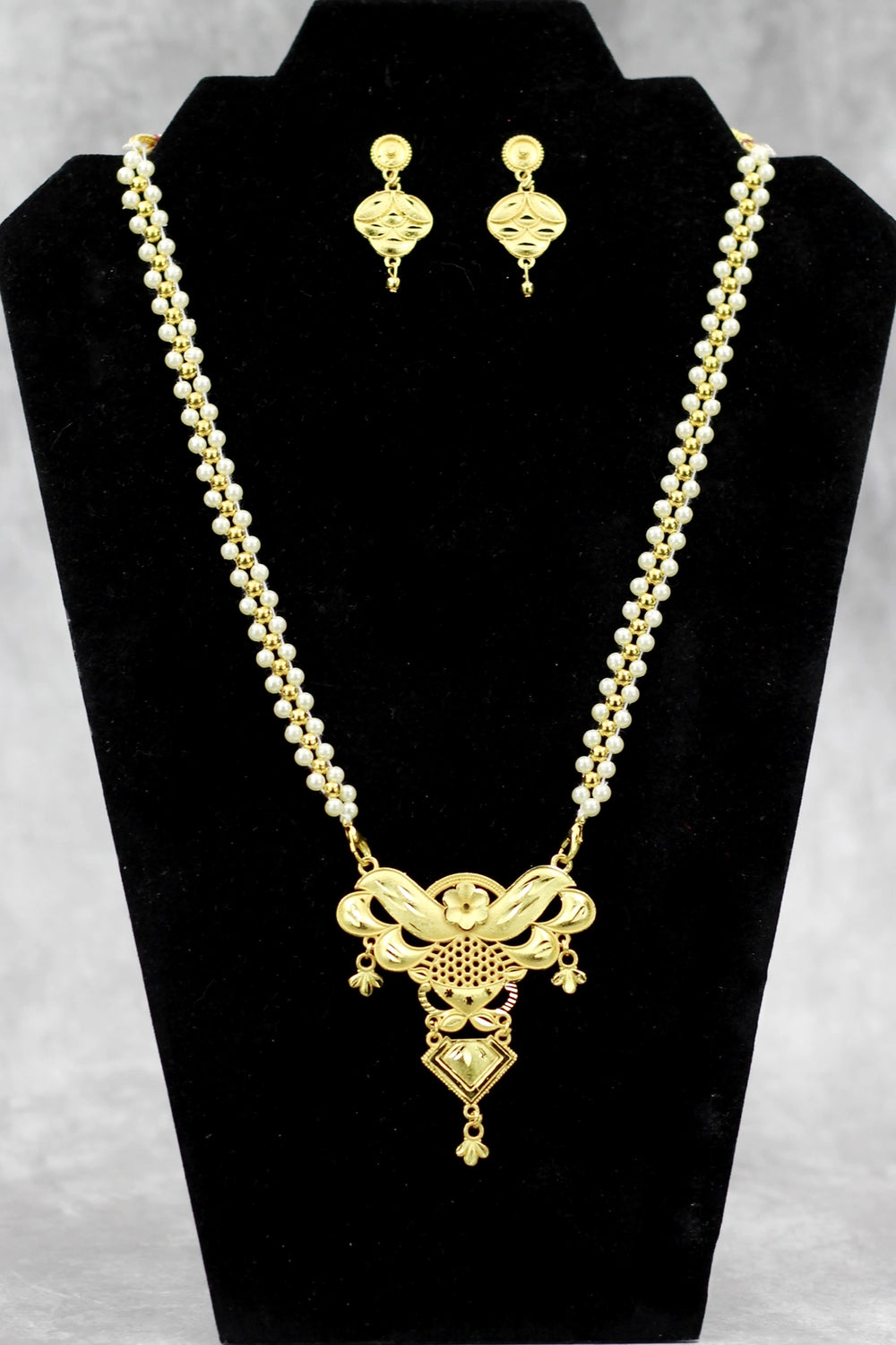 Traditional Gold-Tone Pearl Necklace Set with Floral Pendant and Matching Drop Earrings - Gold