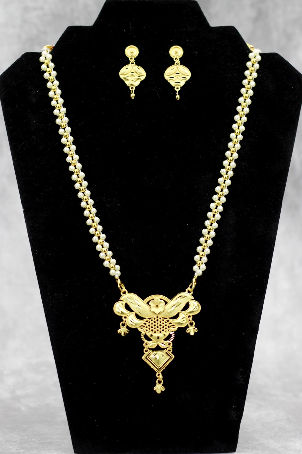 Traditional Gold-Tone Pearl Necklace Set with Floral Pendant and Matching Drop Earrings - Gold