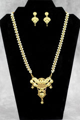 Traditional Gold-Tone Pearl Necklace Set with Floral Pendant and Matching Drop Earrings - Gold