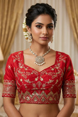 Red Designer Padded Blouse with Embroidery & Sequence Work, Elbow Sleeve, Back Knot, Readymade Fully Stitched - Red