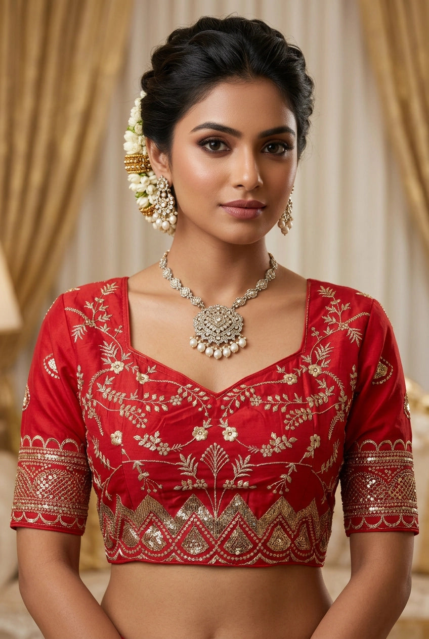 Red Designer Padded Blouse with Embroidery & Sequence Work, Elbow Sleeve, Back Knot, Readymade Fully Stitched - Red