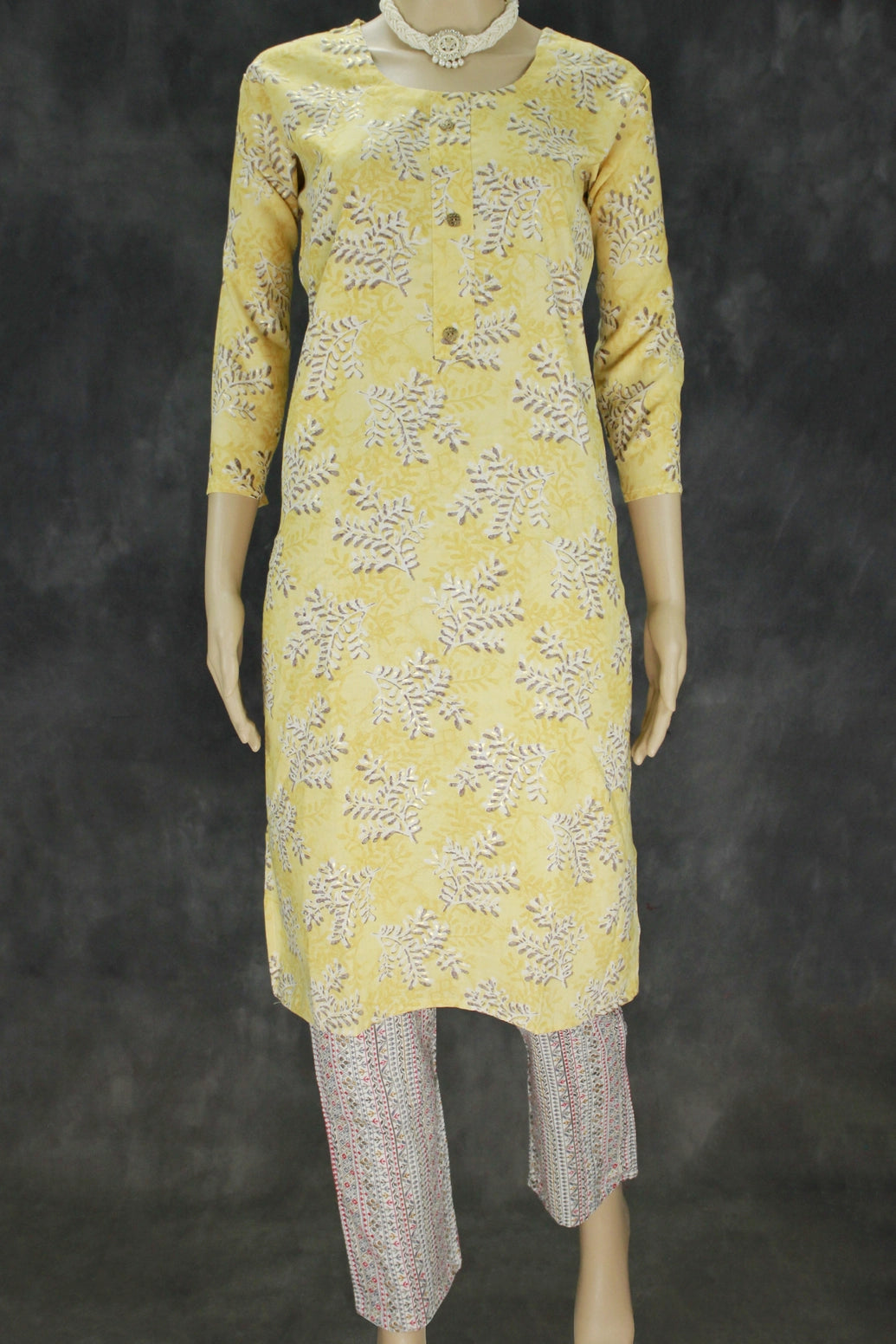 Cotton 2 piece kurta set, Kurti and Pant with Elastic, Cotton fabric, Kurti and Pant comes with beautiful floral print design     Size Measu - Mustard Yellow