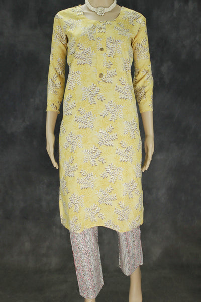 Cotton 2 piece kurta set, Kurti and Pant with Elastic, Cotton fabric, Kurti and Pant comes with beautiful floral print design     Size Measu - Mustard Yellow
