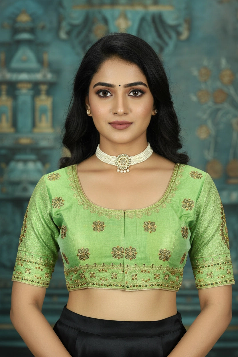 Pista Green Readymade Designer Padded Blouse with Zari Floral Butta, U-Neck, Elbow Sleeves & Back Knot - Pista Green