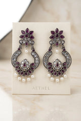 Purple Floral Oxidized Silver-Tone Teardrop Stone Jhumka Earrings with Pearl Drops for Women - Purple