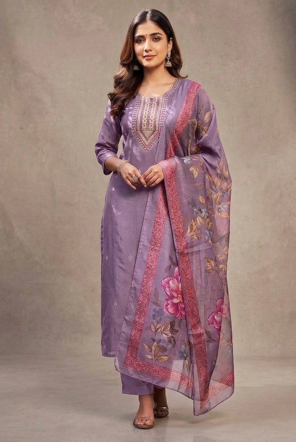 Lavender Roman Silk 3-Piece Kurta Set with Elastic Pant and Organza Digital Dupatta, Zari-Sequence Neck Design - Lavender