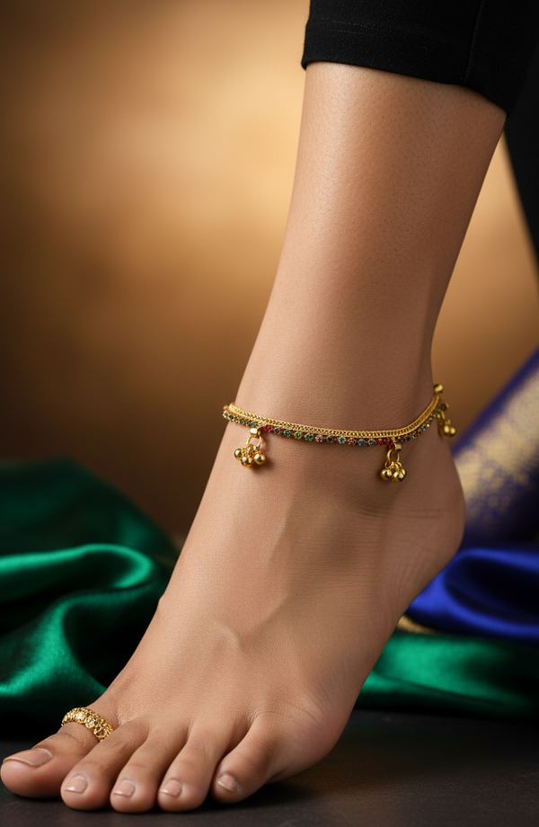 Gold-Tone Traditional South Indian Anklet with Multi-Color Stones and Jhumka Motifs for Women
