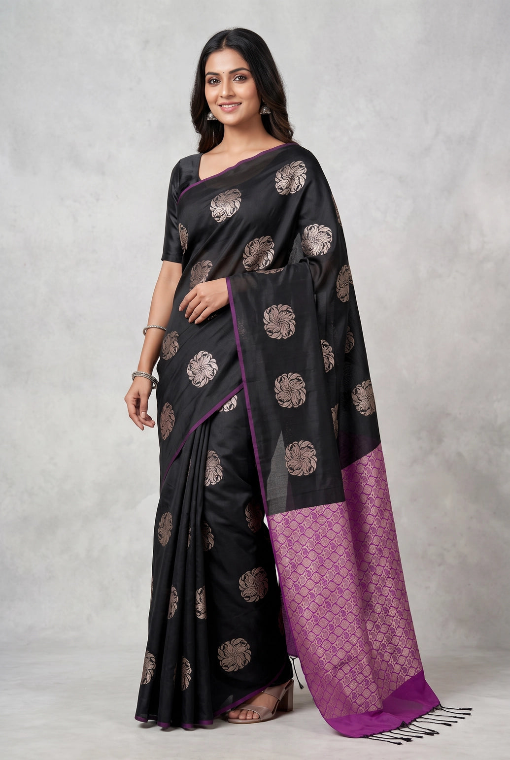 Black Soft Silk Saree with Contrast Purple Border and Gold Zari Floral Buttas - Black