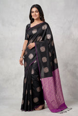Black Soft Silk Saree with Contrast Purple Border and Gold Zari Floral Buttas - Black