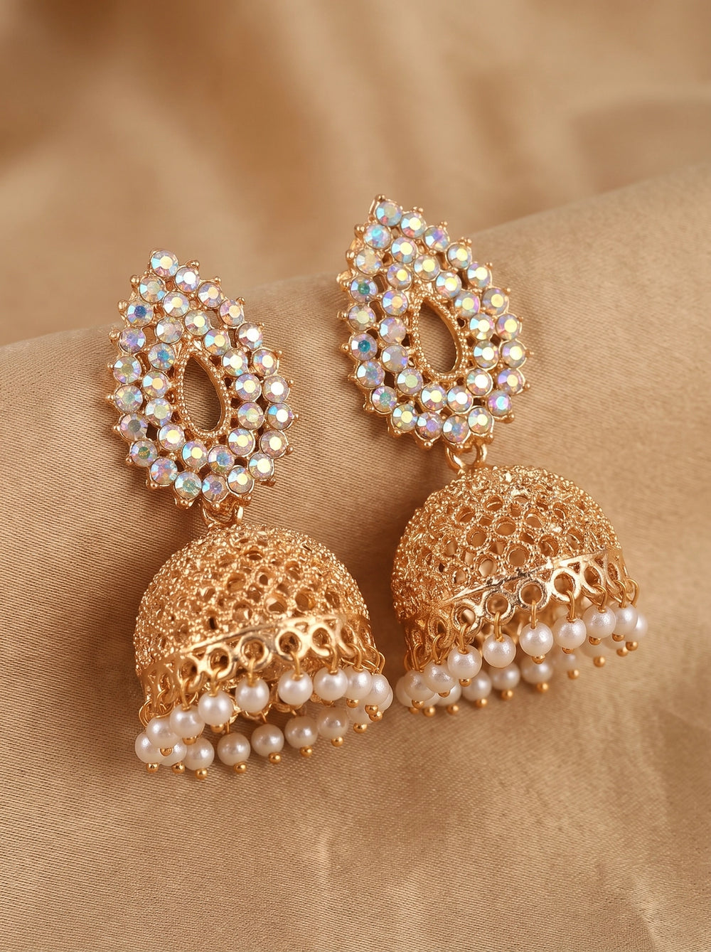 Rose Gold Jhumka Earrings with Multi-Color Stones and White Pearl Bead Drops for Traditional Wear - Multi color