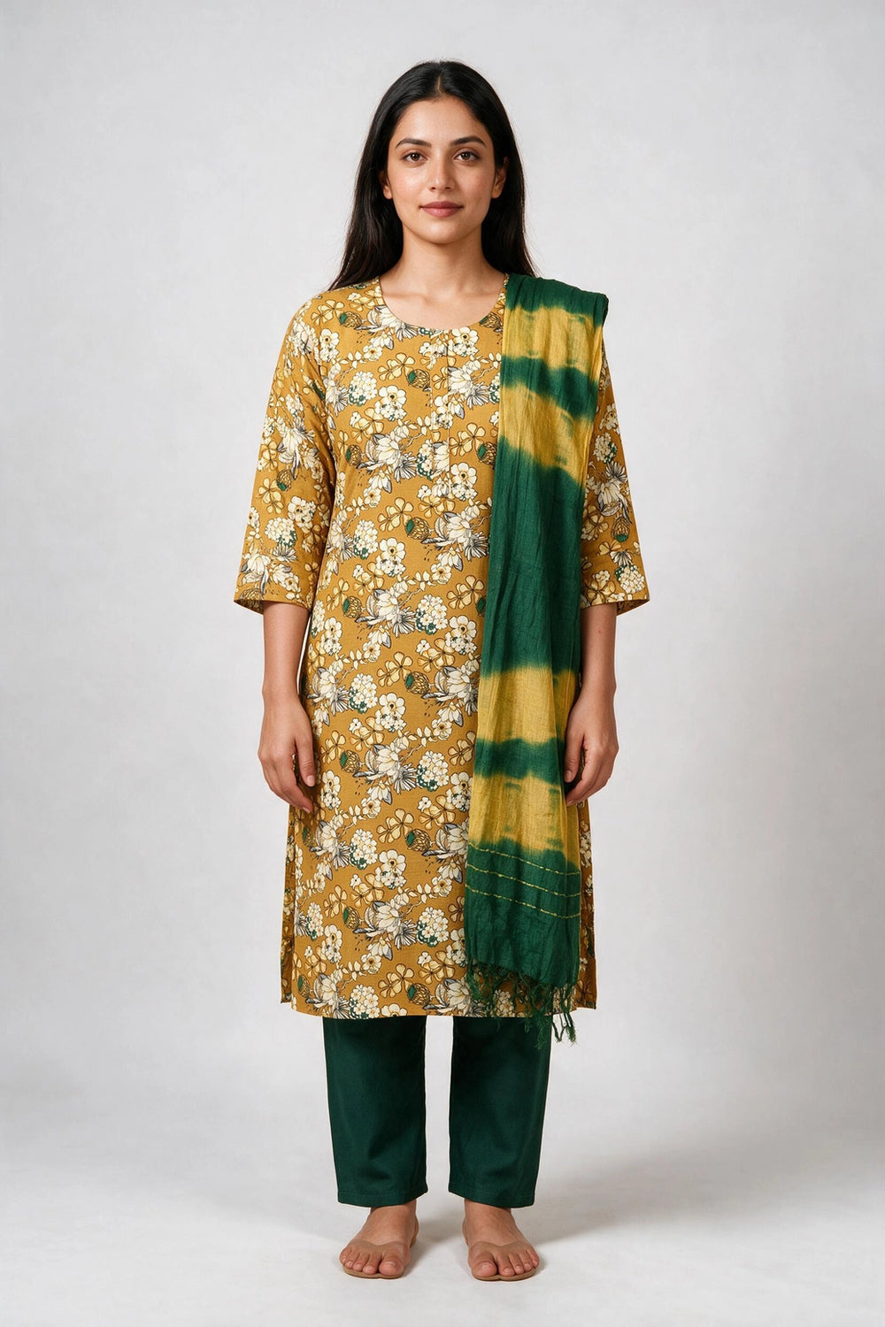 Brown Floral Cotton 3-Piece Kurti Set with Elastic Pant and Matching Dupatta - Brown