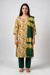 Brown Floral Cotton 3-Piece Kurti Set with Elastic Pant and Matching Dupatta - Brown