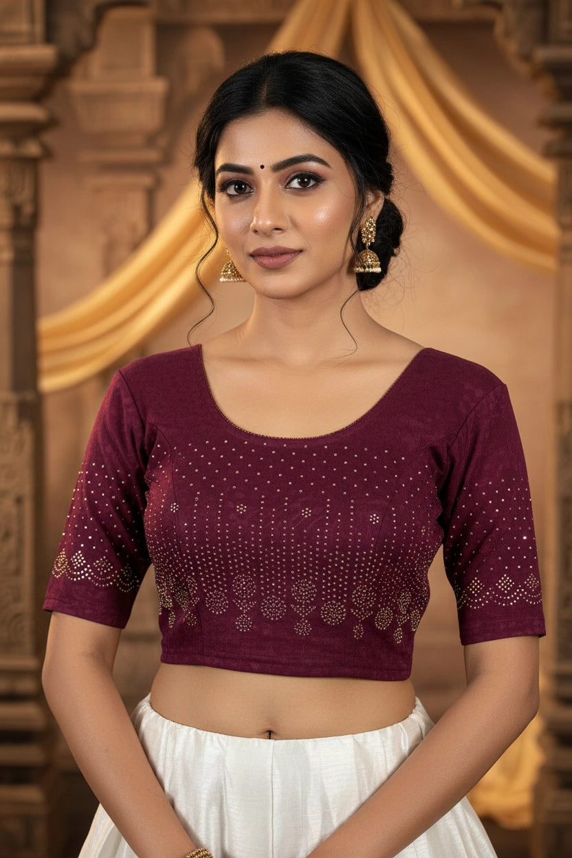 Maroon Readymade Designer Stretchable Blouse with Stone Work Floral Geometric Pattern, Elbow Sleeve - Maroon