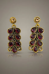 Purple Stone Antique Gold-Tone Teardrop Stud Drop Earrings for Women | Traditional Ethnic Fashion Jewellery - Purple