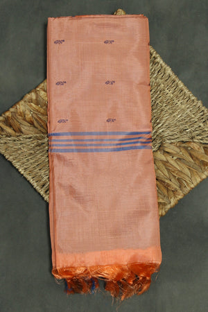 Peach Orange Vaazhai Naar (Banana Pith) Saree with Blue Pallu and Small Butta Motifs - Borderless Traditional Weave