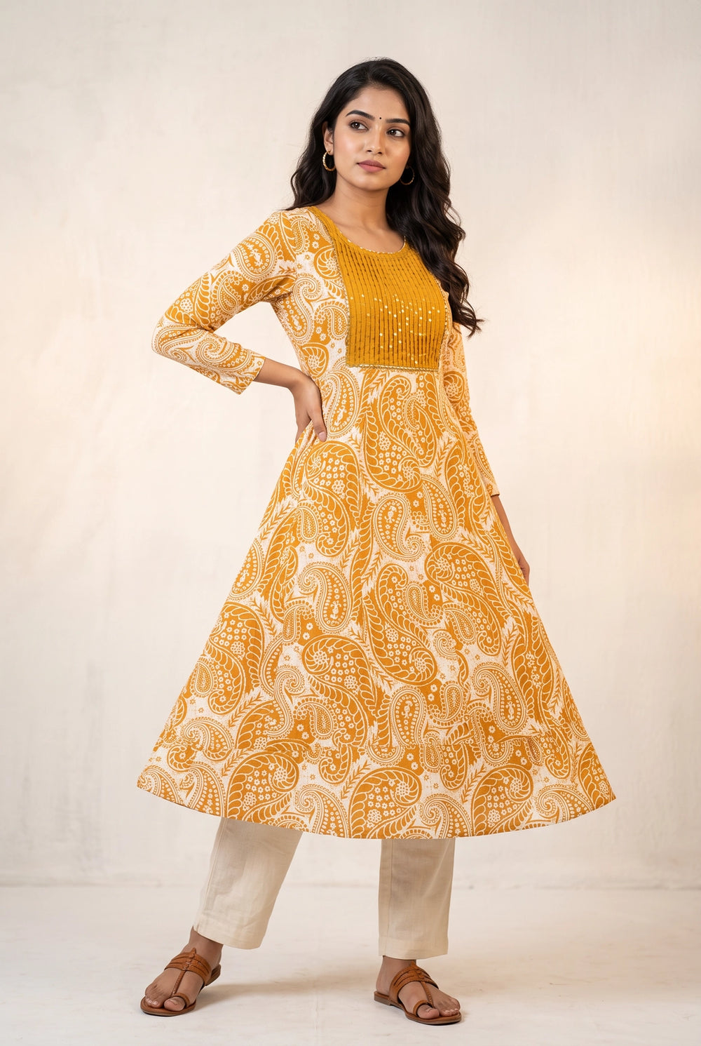 Orange Cotton Anarkali Kurti with Geometric & Floral Print and Silver Sequin Stripe, Dori Design for Women - Orange