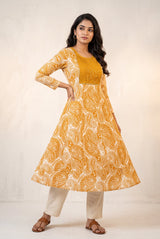 Orange Cotton Anarkali Kurti with Geometric & Floral Print and Silver Sequin Stripe, Dori Design for Women - Orange