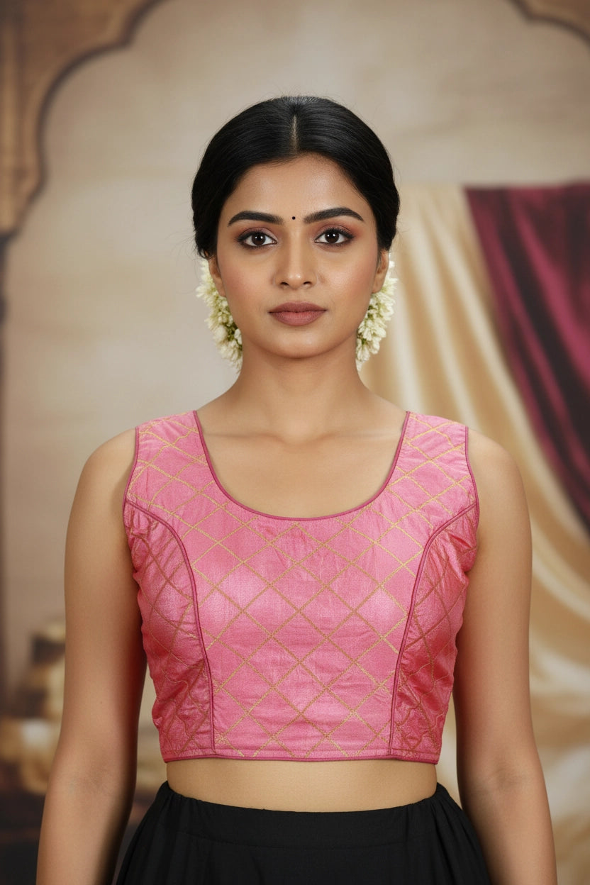 Magenta Designer Padded Blouse with Golden Criss-Cross Pattern, Fully Stitched Ethnic Back Knot - Magenta