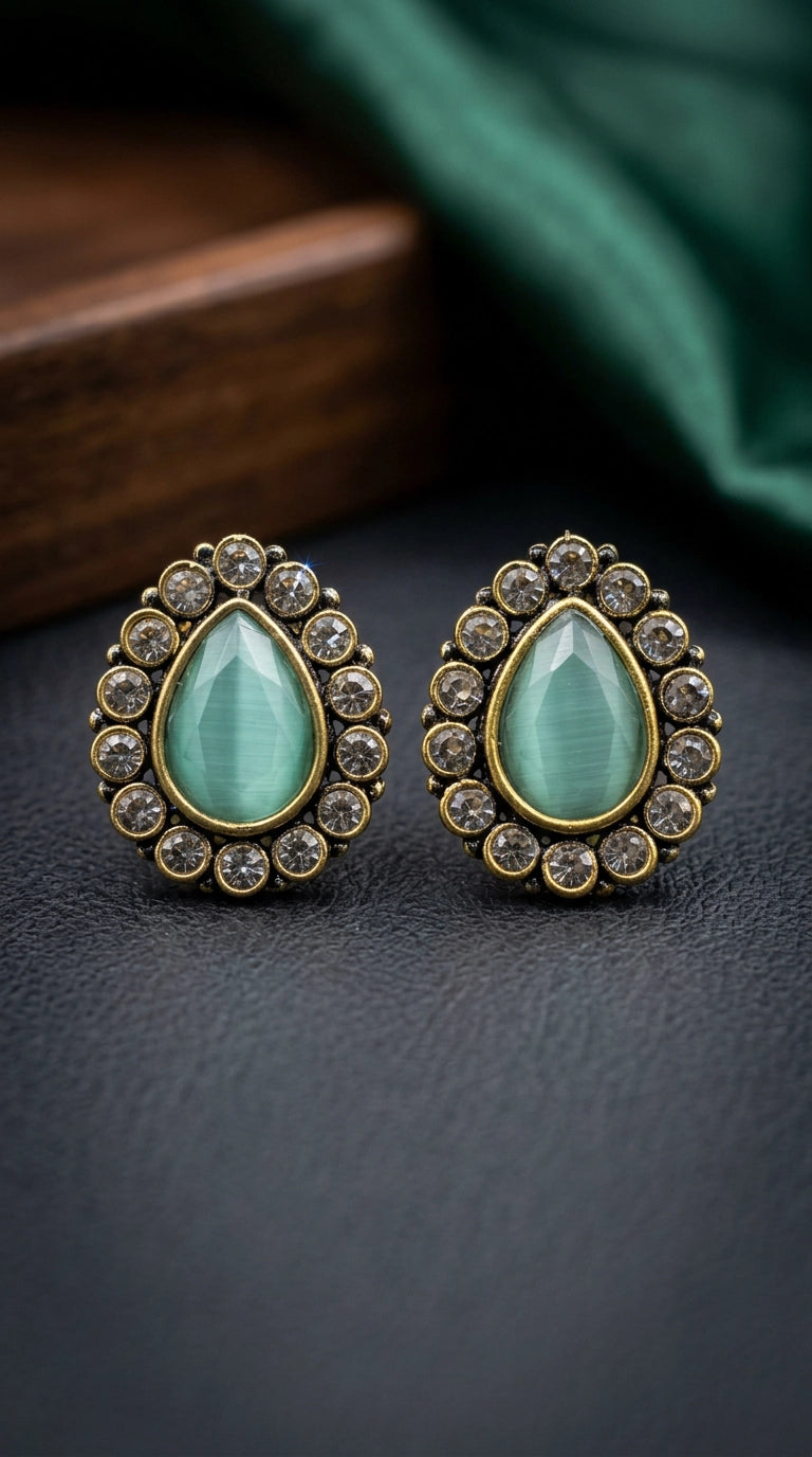 Mint Green Teardrop Stud Earrings with Champagne Crystal Halo, Gold-Tone Fashion Jewellery for Women - Mint Green