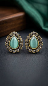 Mint Green Teardrop Stud Earrings with Champagne Crystal Halo, Gold-Tone Fashion Jewellery for Women - Mint Green