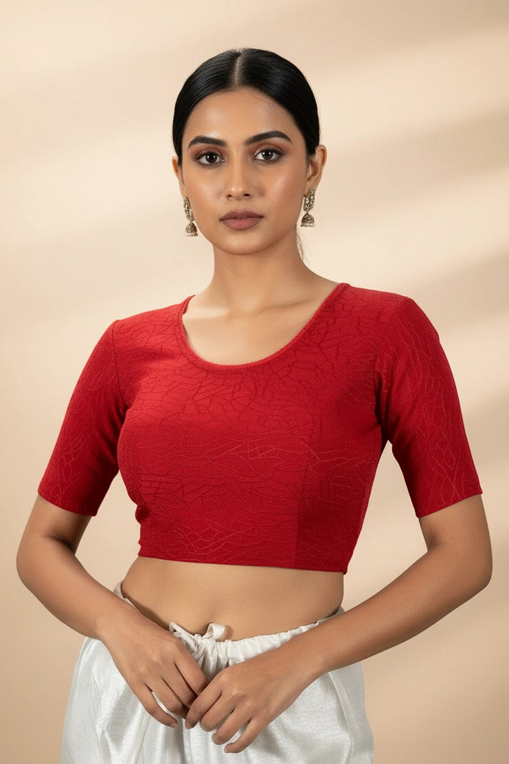 Red Readymade Designer Stretch Blouse with Gold-Tone Bead Back Detail, Elbow Sleeve - Red