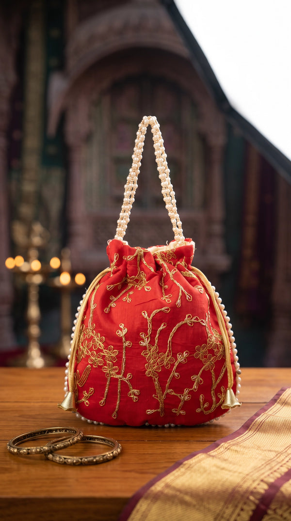 Red Embroidered Potli Bag with Pearl Bead Drawstring and Gold Floral Work for Wedding Festive Gift - Red